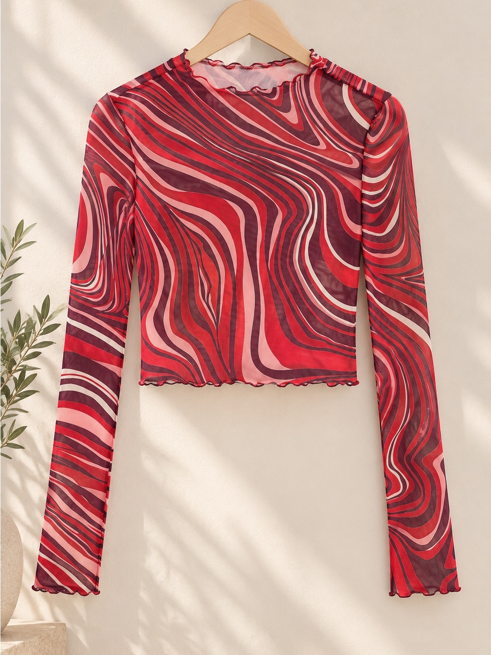 SHEIN Red & Pink Swirl Mesh Long Sleeve Top